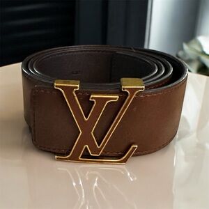 Authentic Louis Vuitton Dark Brown Leather Belt with Gold Accent